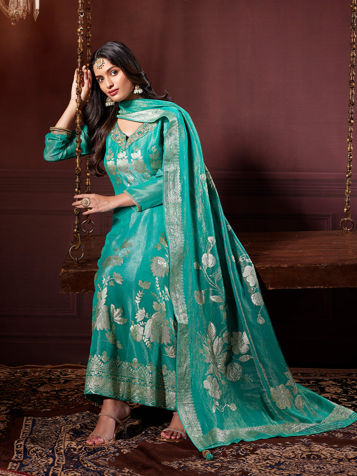 Teal Jacquard Anarkali Set with Dupatta