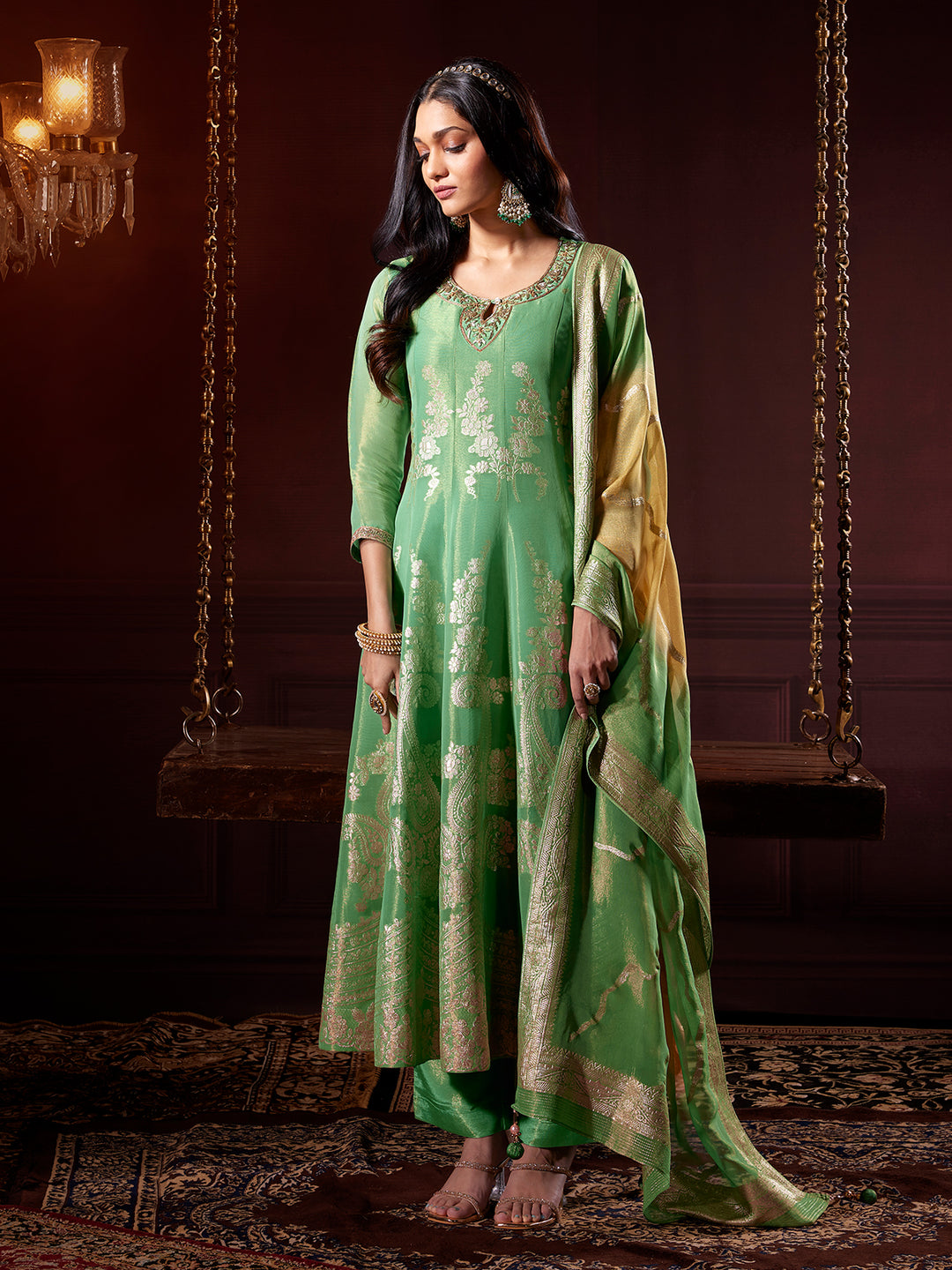 Meadow Green Jacquard Anarkali Set with Dupatta