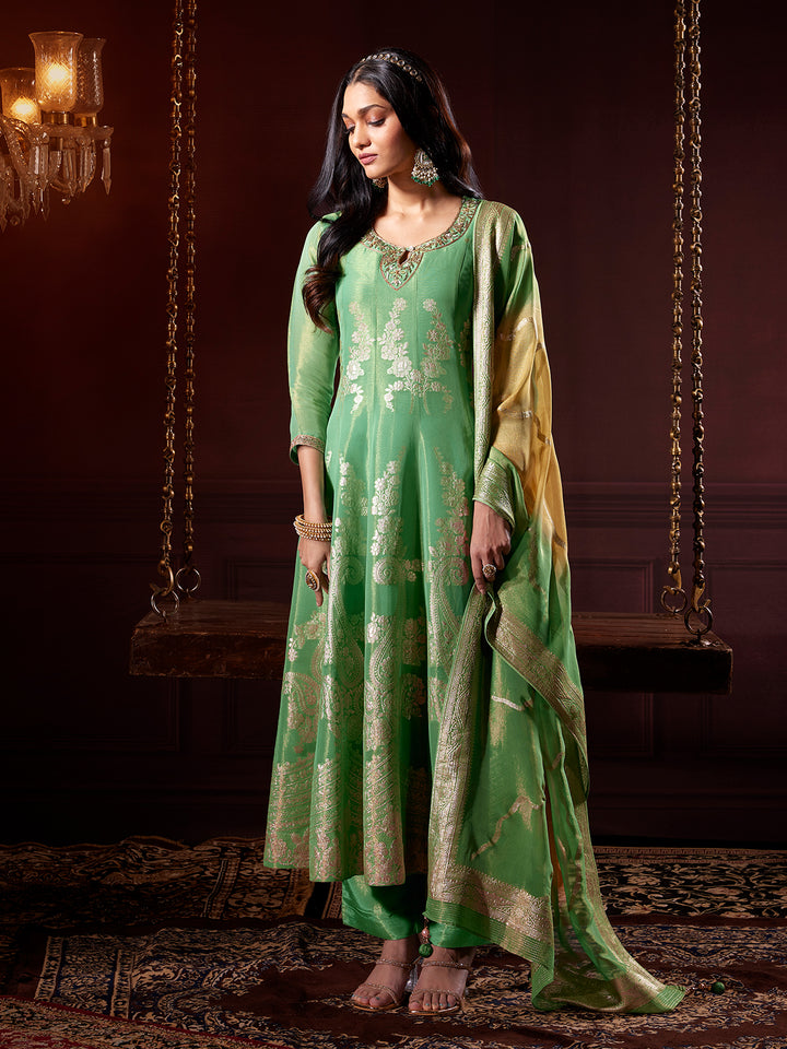 Meadow Green Jacquard Anarkali Set with Dupatta