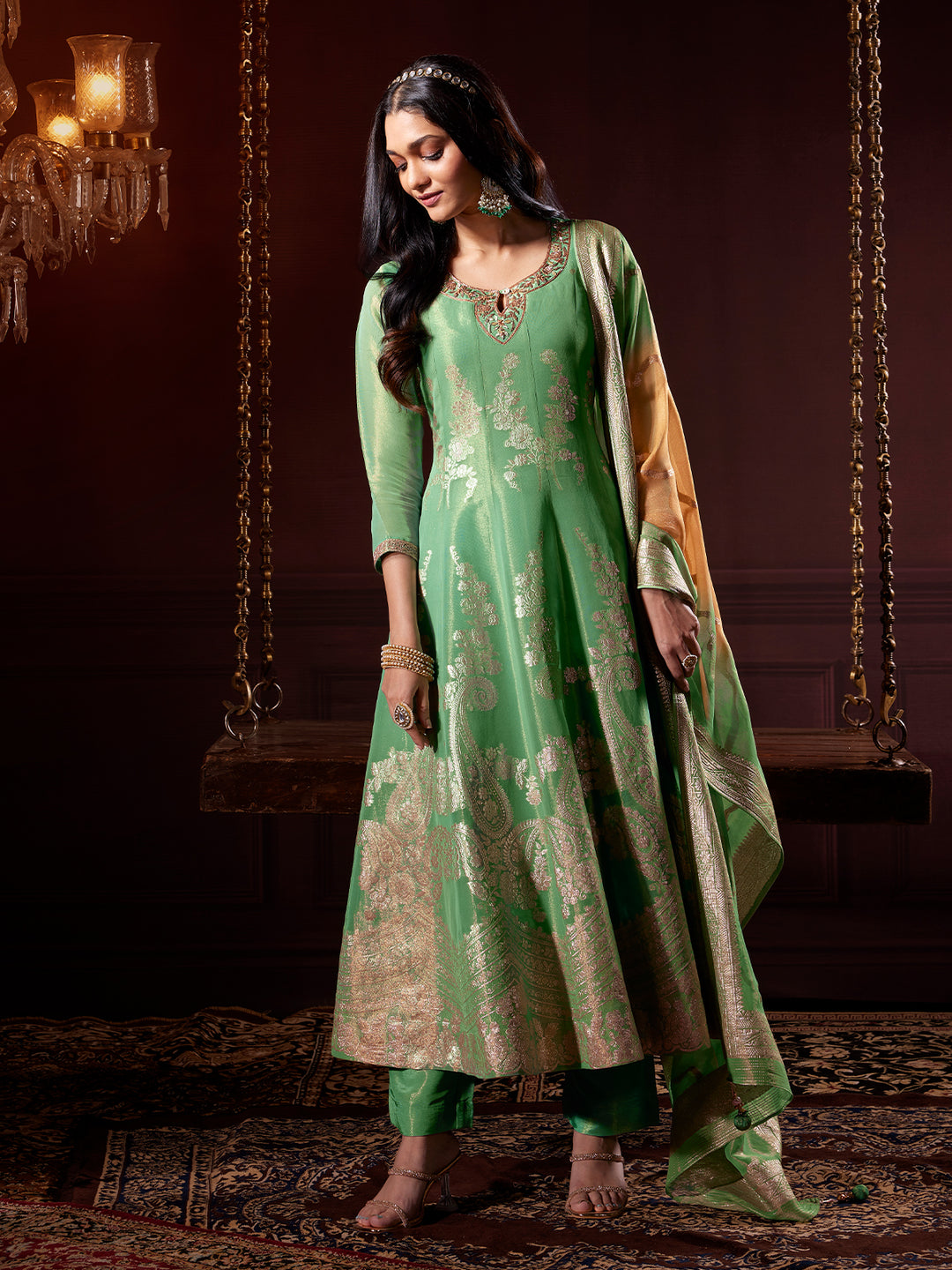 Meadow Green Jacquard Anarkali Set with Dupatta