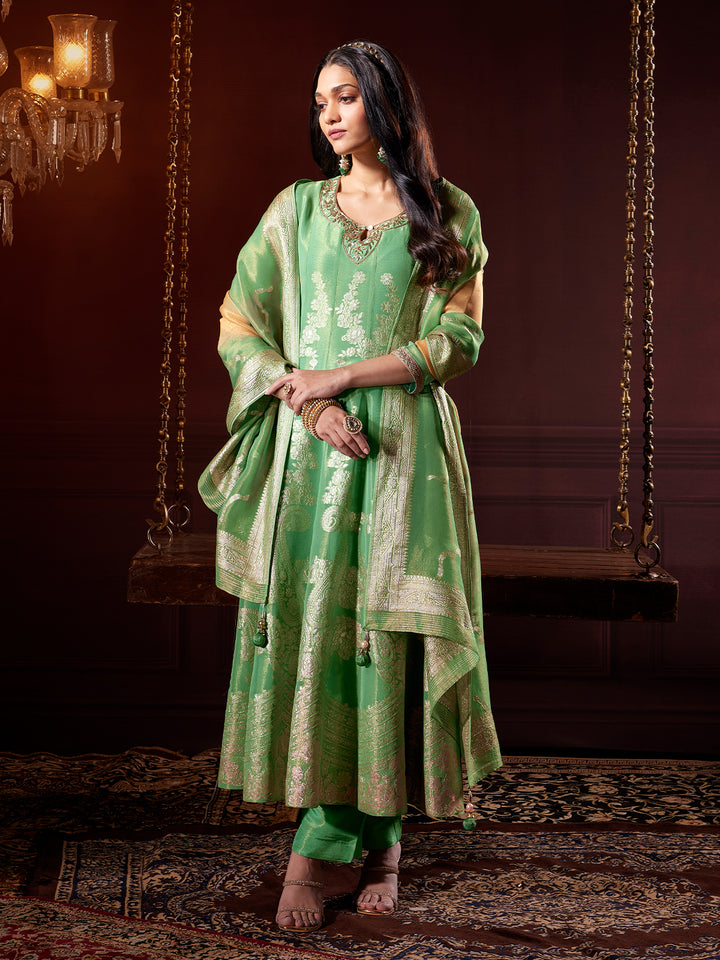 Meadow Green Jacquard Anarkali Set with Dupatta