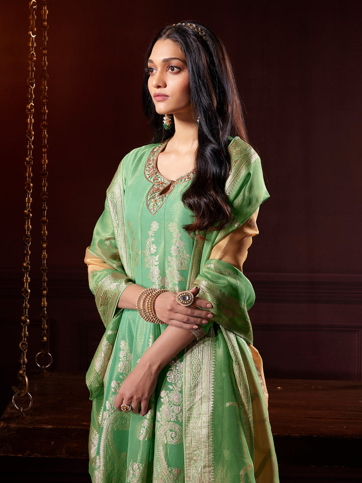 Meadow Green Jacquard Anarkali Set with Dupatta
