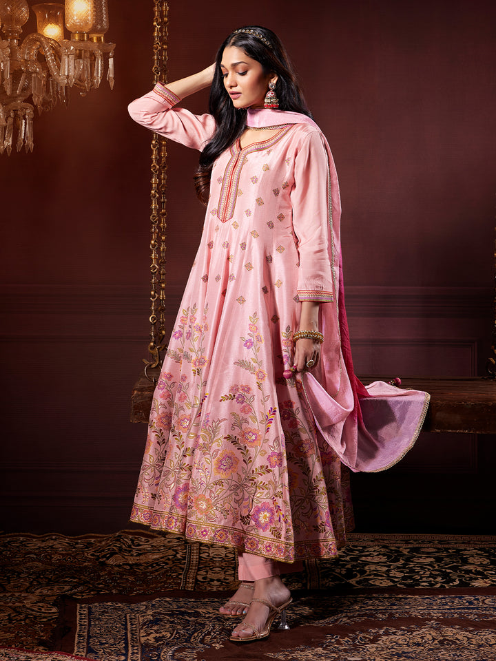 Blush Pink jacquard Anarkali Set with Dupatta
