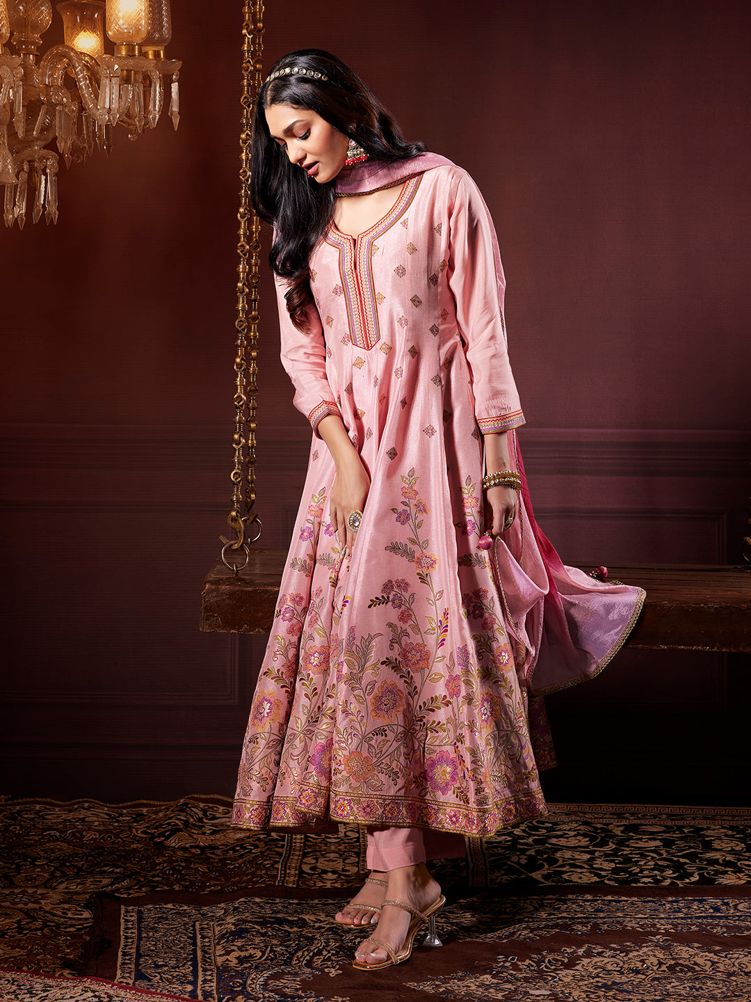 Blush Pink jacquard Anarkali Set with Dupatta