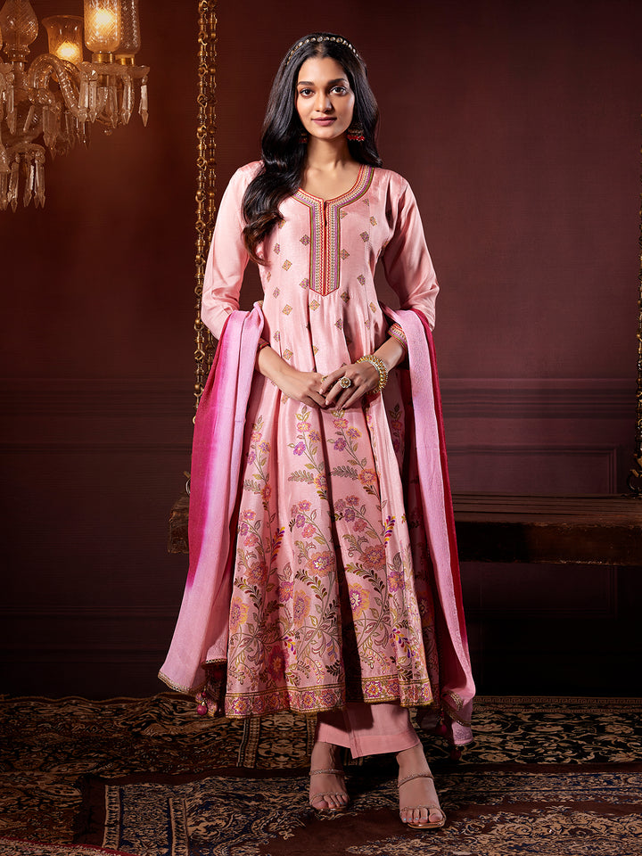 Blush Pink jacquard Anarkali Set with Dupatta