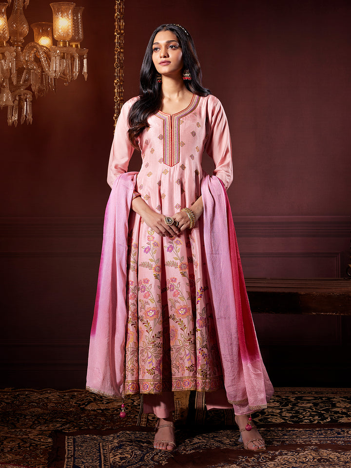 Blush Pink jacquard Anarkali Set with Dupatta
