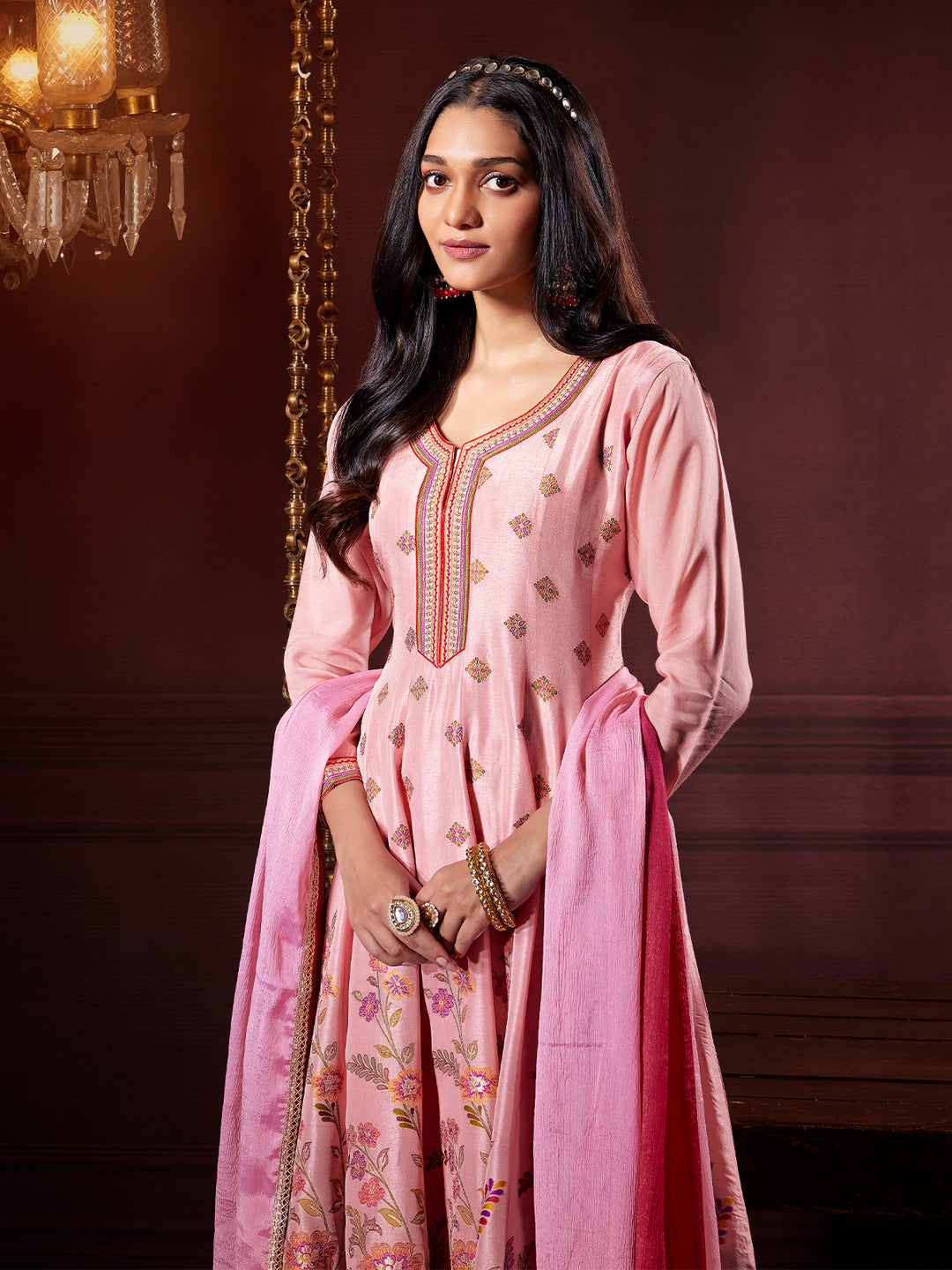 Blush Pink jacquard Anarkali Set with Dupatta