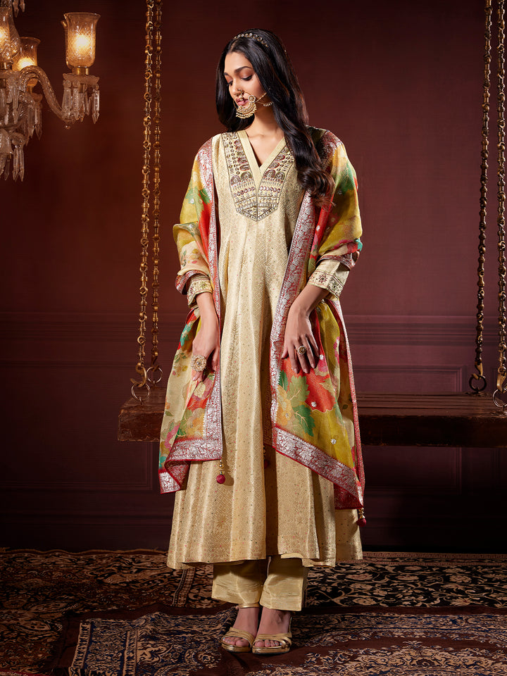 Beige Gold Jacquard Anarkali Set with Dupatta