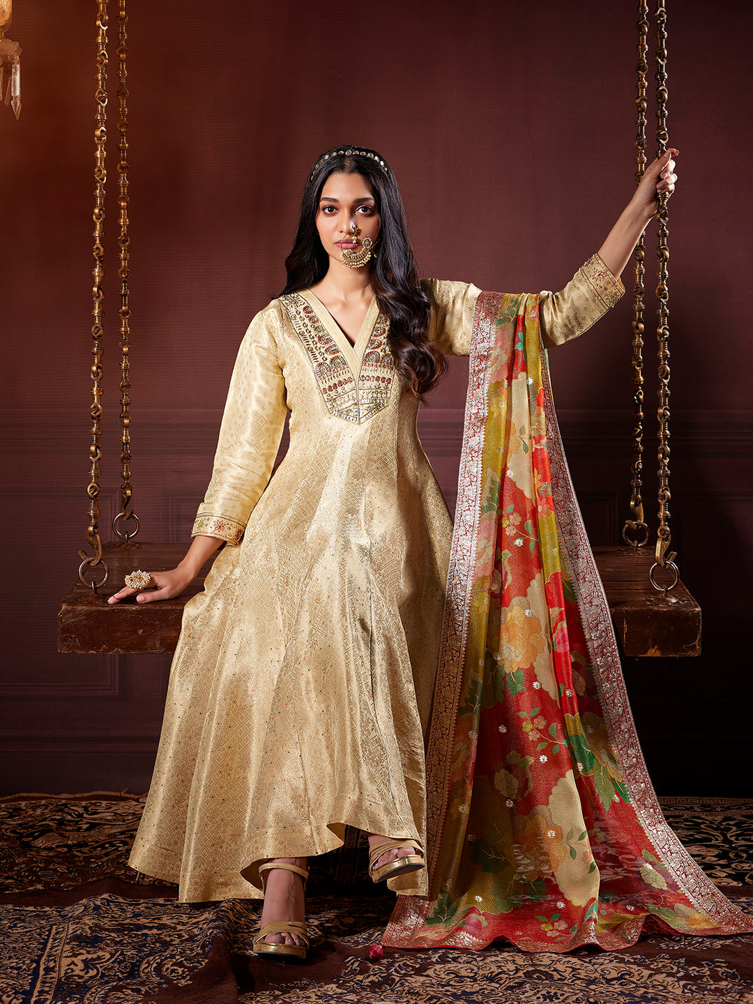 Beige Gold Jacquard Anarkali Set with Dupatta