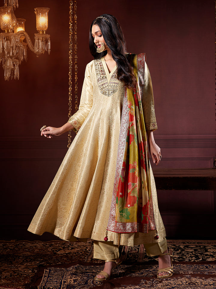 Beige Gold Jacquard Anarkali Set with Dupatta