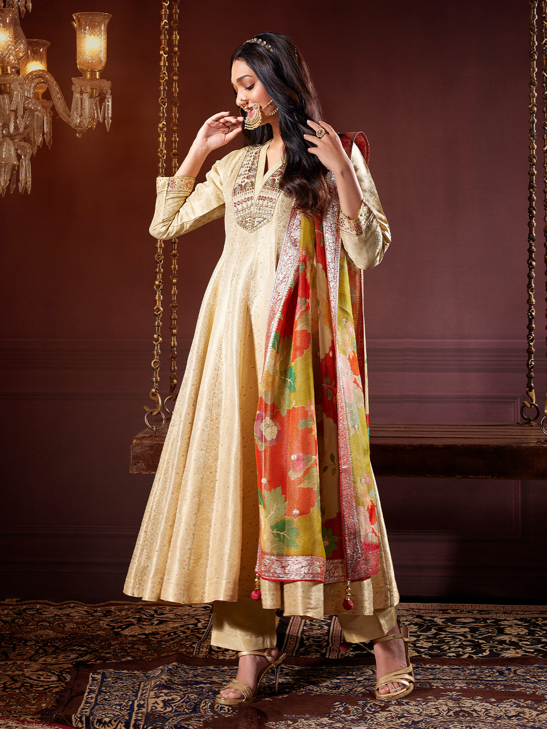Beige Gold Jacquard Anarkali Set with Dupatta