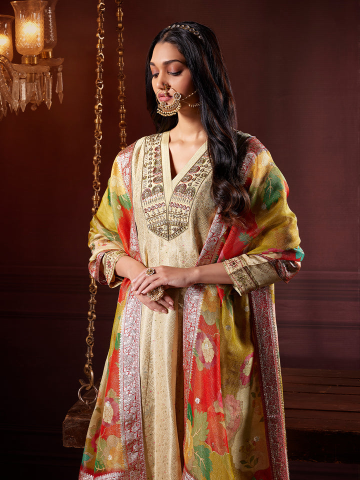 Beige Gold Jacquard Anarkali Set with Dupatta