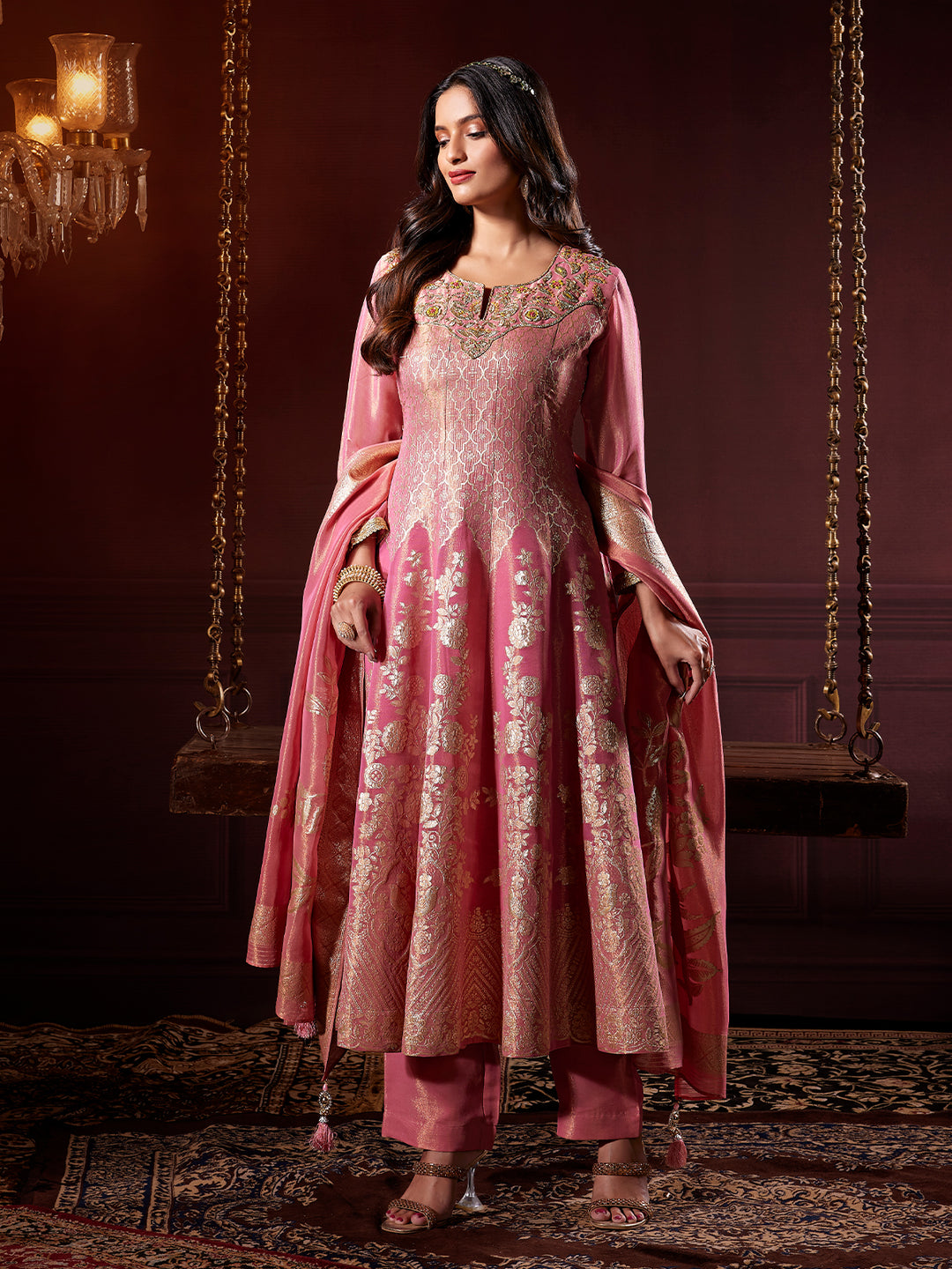 Blush Pink Jacquard Anarkali Set wth Dupatta