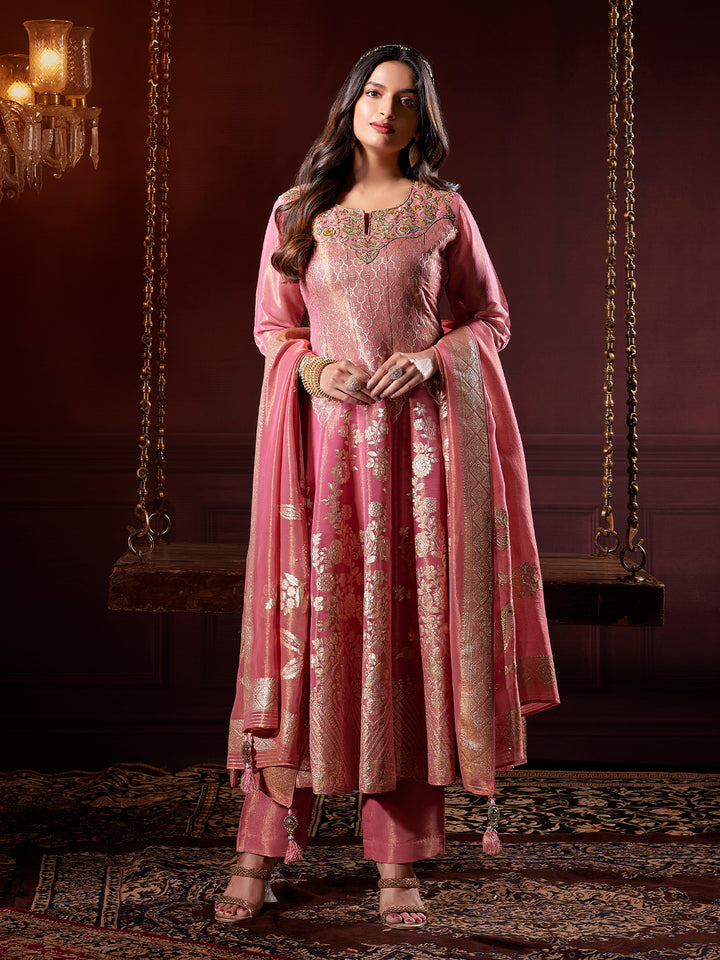 Blush Pink Jacquard Anarkali Set wth Dupatta
