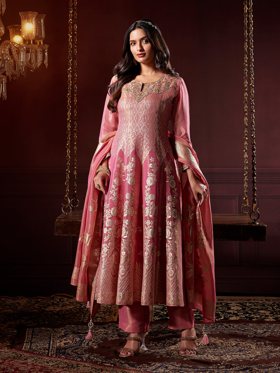 Blush Pink Jacquard Anarkali Set wth Dupatta