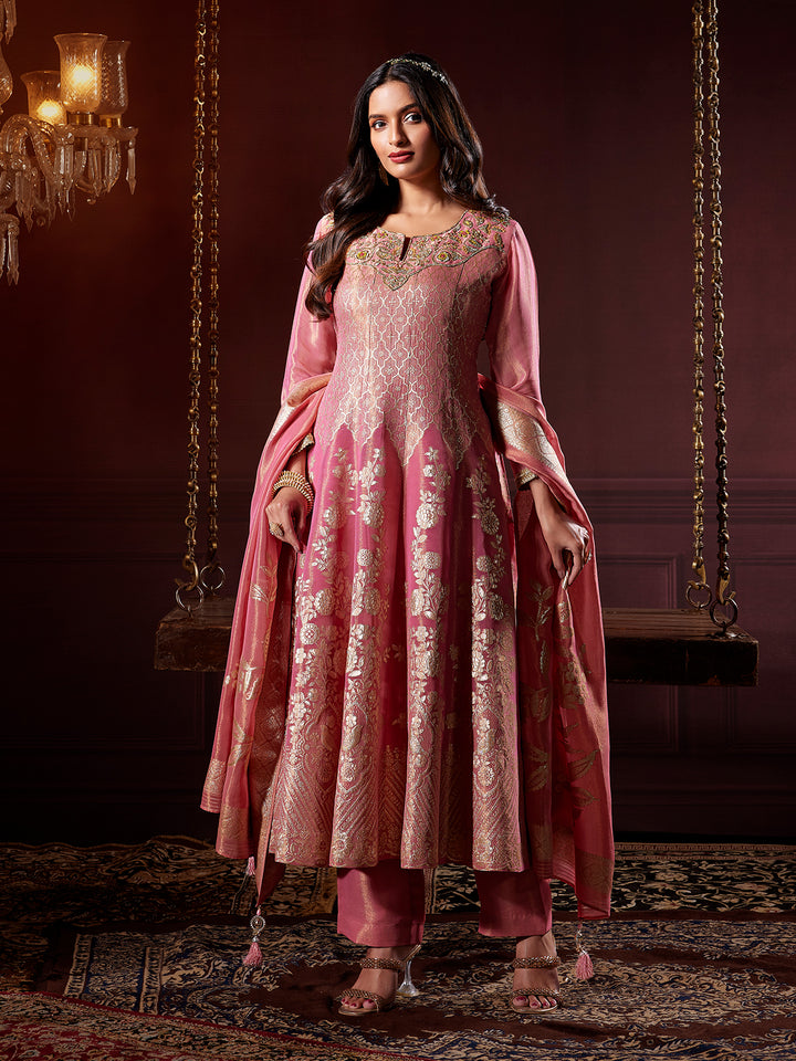 Blush Pink Jacquard Anarkali Set wth Dupatta