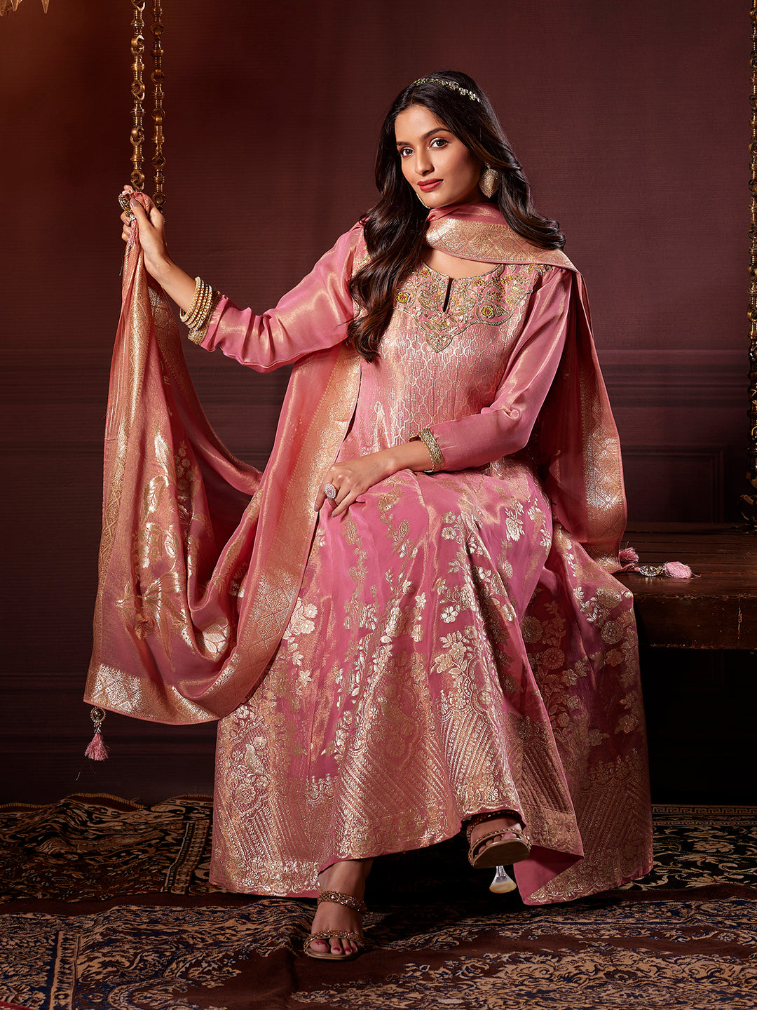 Blush Pink Jacquard Anarkali Set wth Dupatta
