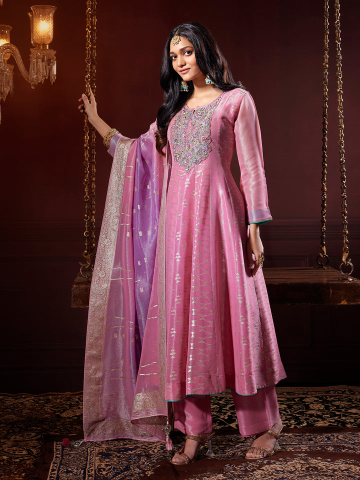 Blush Pink Jacquard Anarkali Set with Dupatta