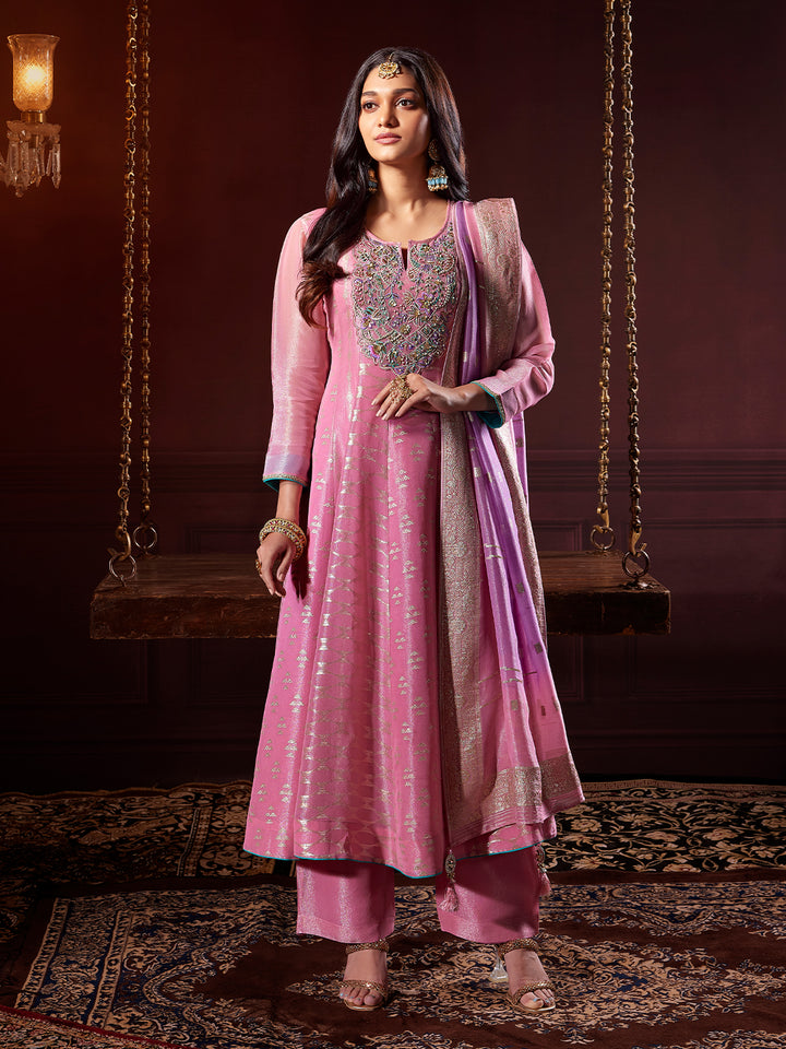 Blush Pink Jacquard Anarkali Set with Dupatta