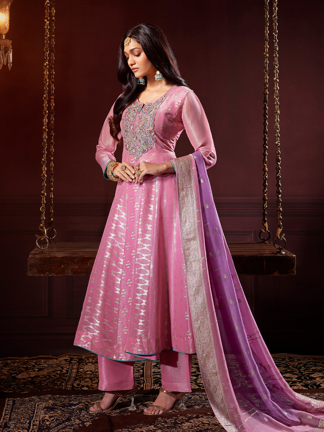 Blush Pink Jacquard Anarkali Set with Dupatta