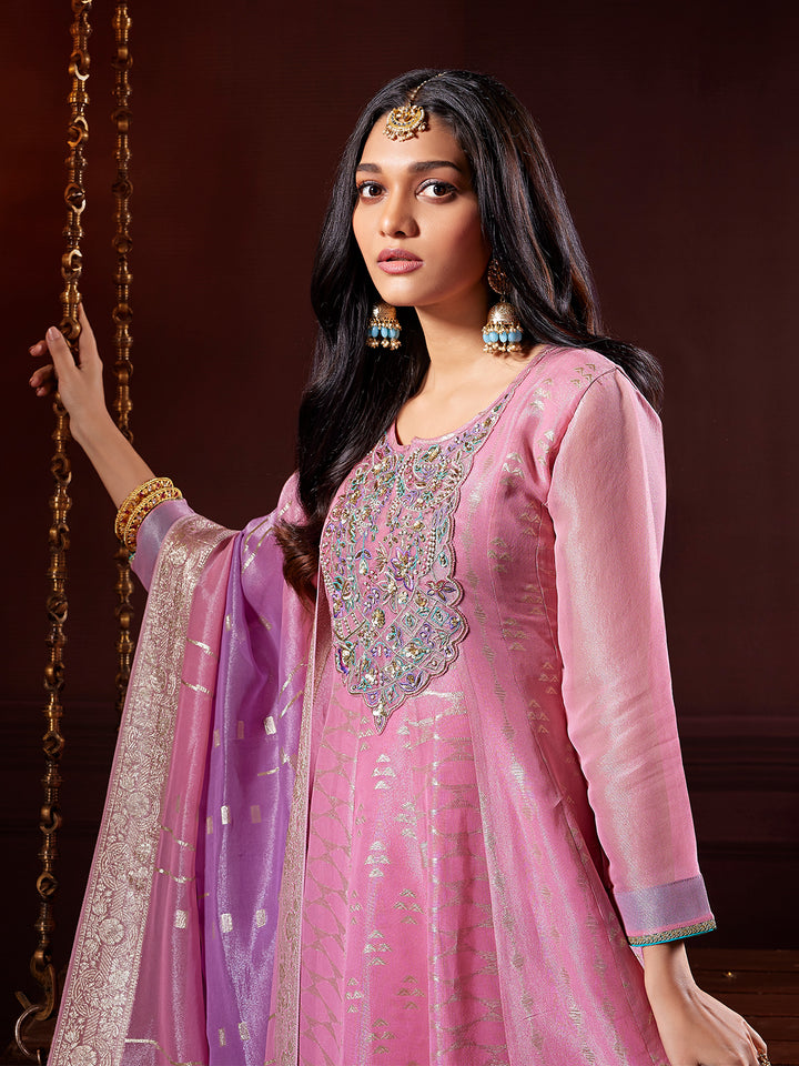 Blush Pink Jacquard Anarkali Set with Dupatta