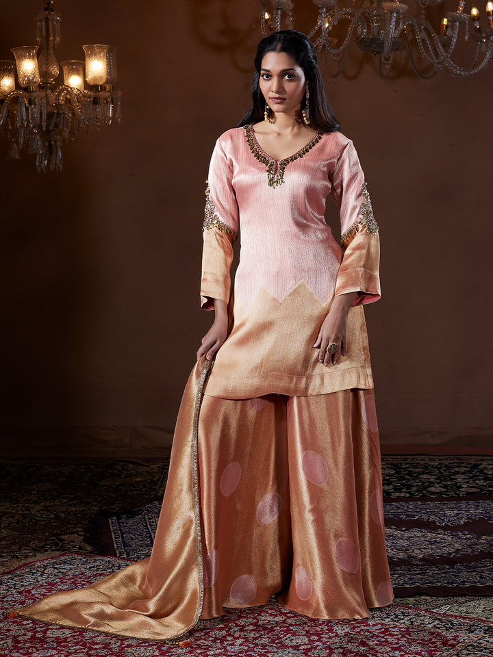 Blush Rose Gold Tissue Silk Sharara Set