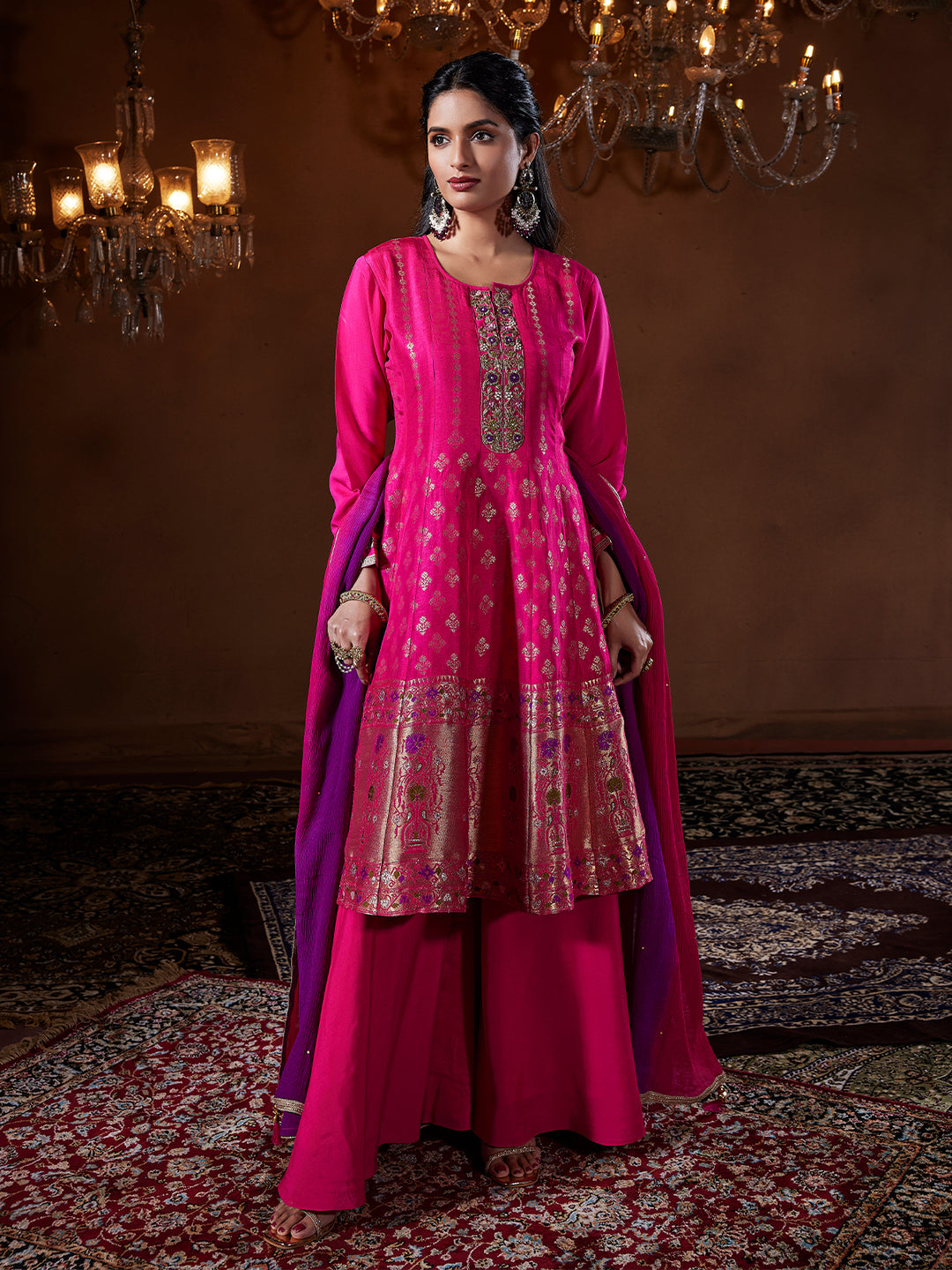 Vibrant Pink Jacquard Sharara Set