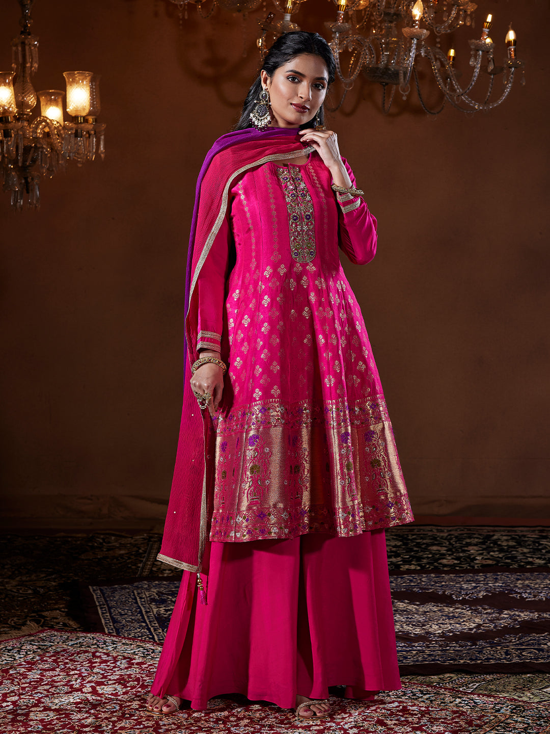 Vibrant Pink Jacquard Sharara Set