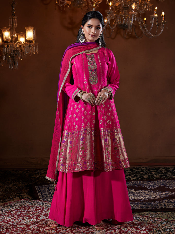 Vibrant Pink Jacquard Sharara Set