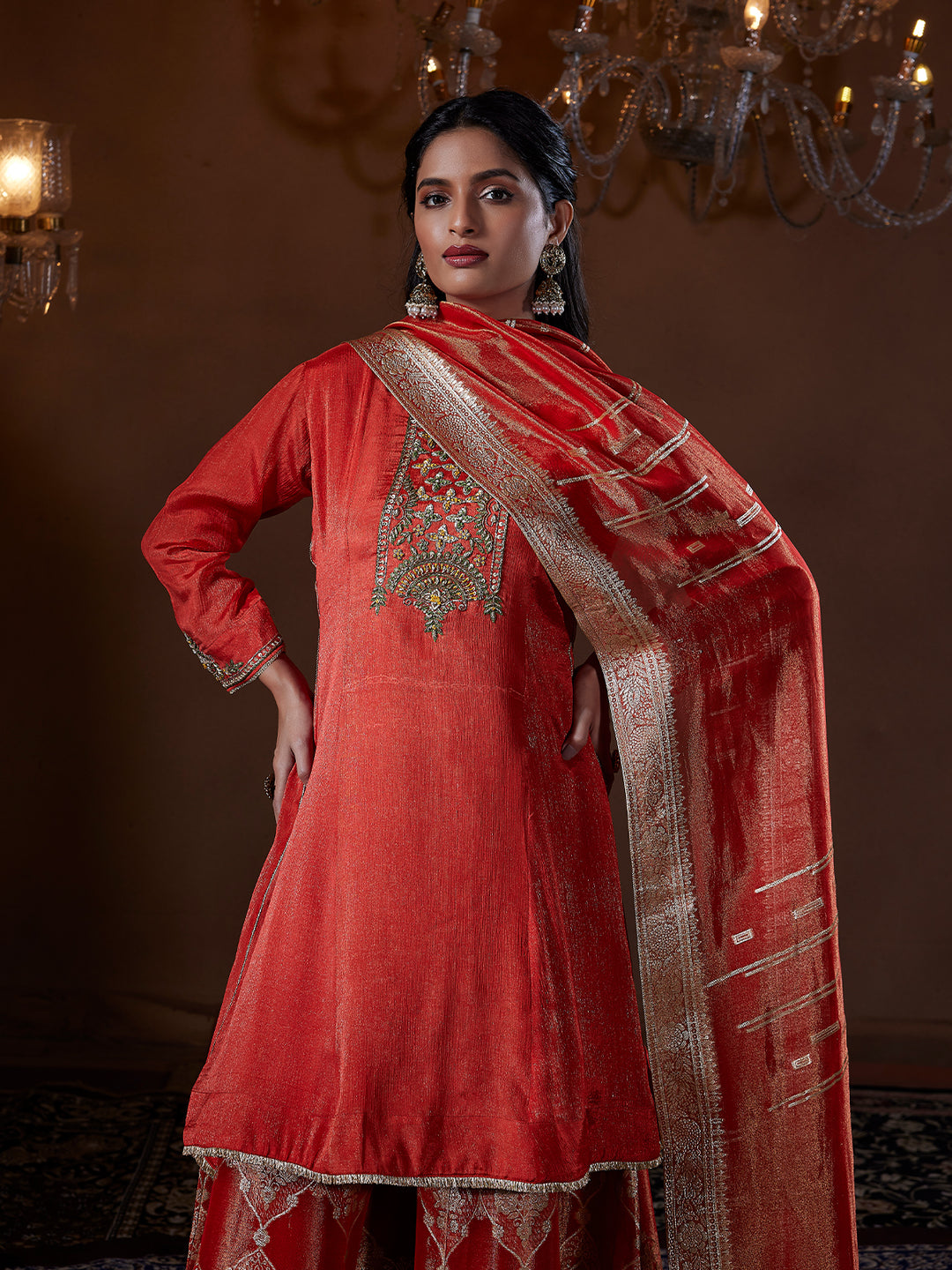 Rich Red jacquard Sharara Set