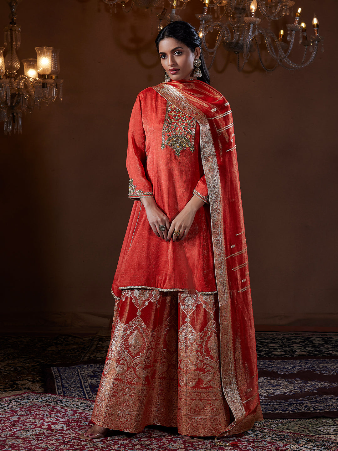 Rich Red jacquard Sharara Set