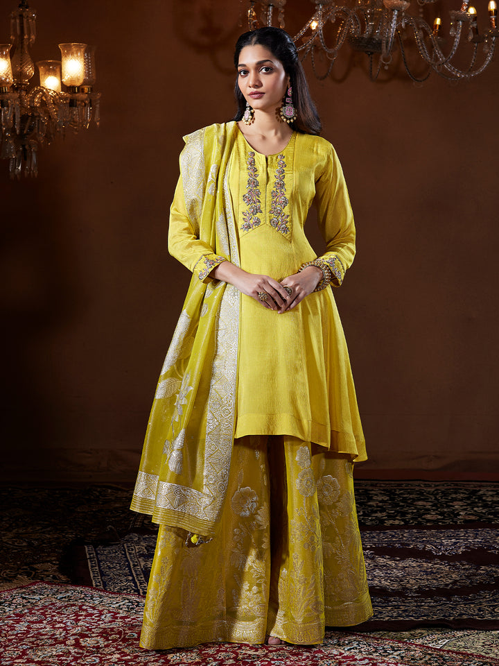 Bright Yellow Jacquard Sharara Set