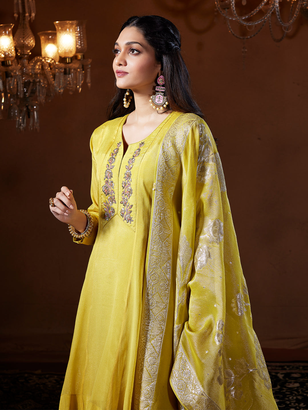 Bright Yellow Jacquard Sharara Set