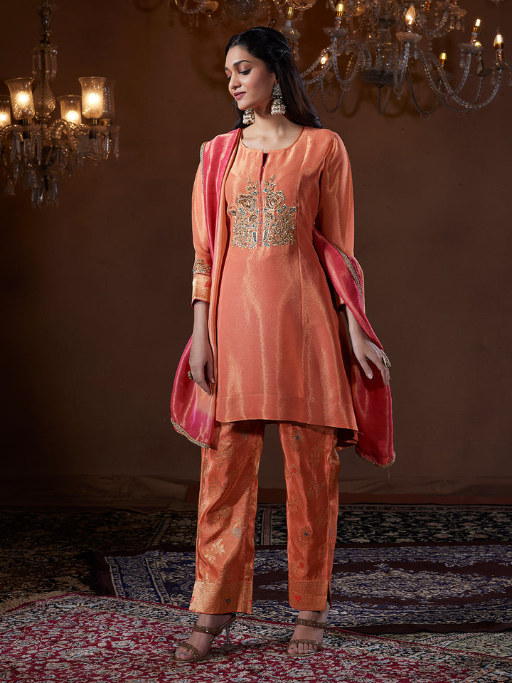 Peach Tissue Silk Suit Set