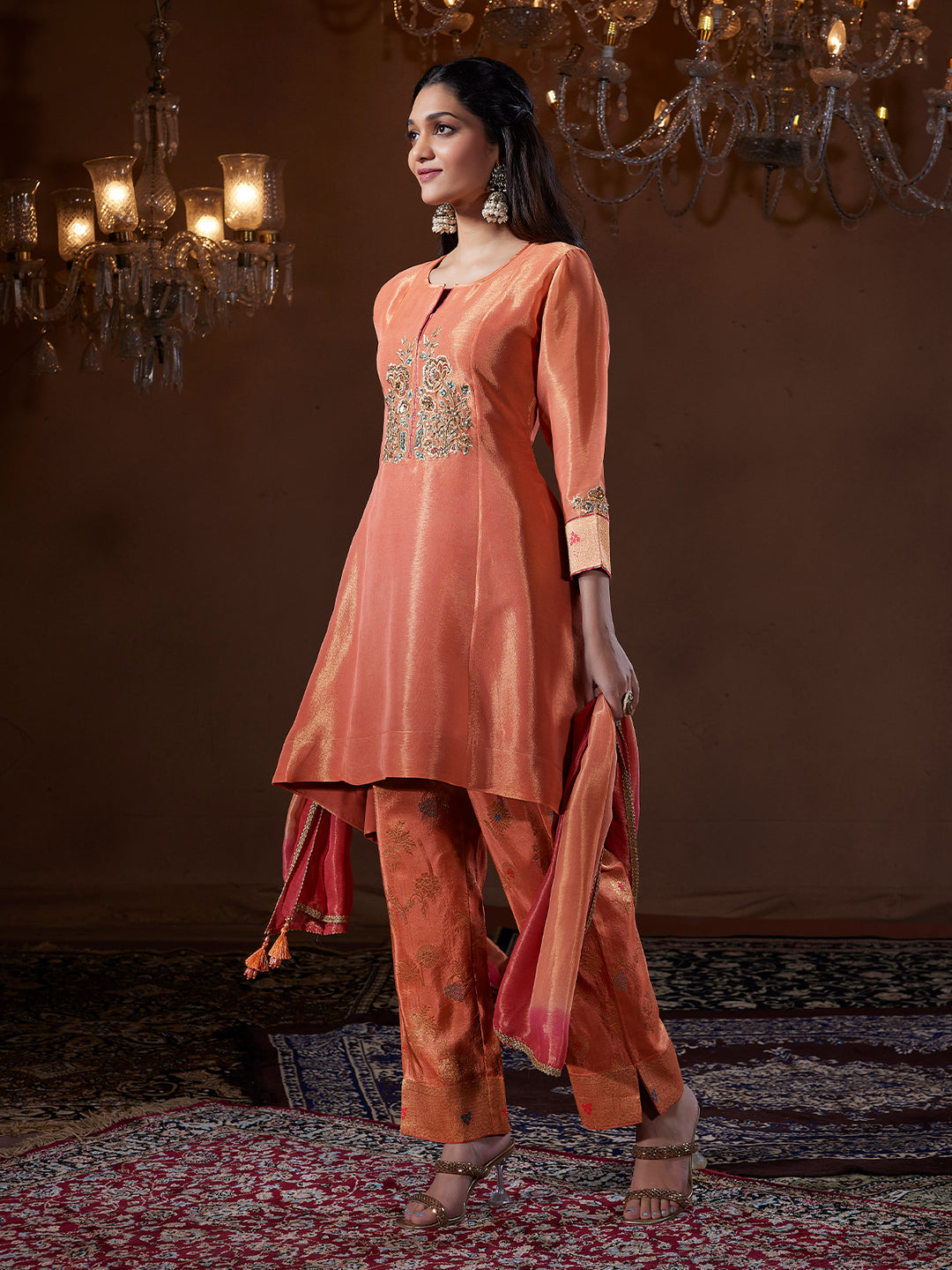 Peach Tissue Silk Suit Set