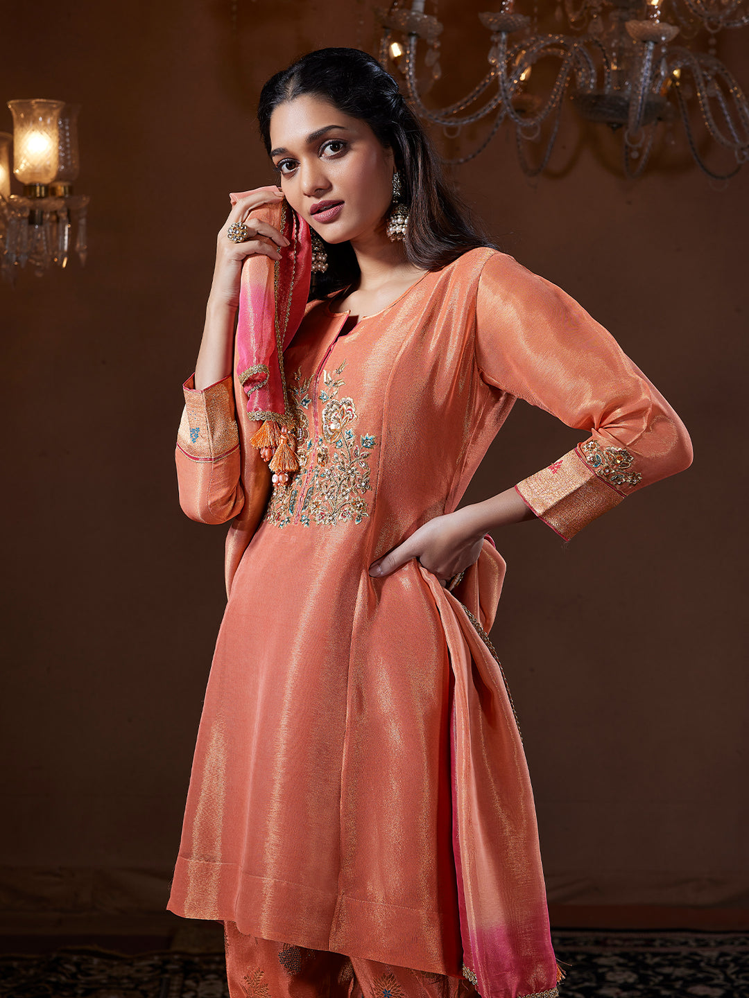 Peach Tissue Silk Suit Set