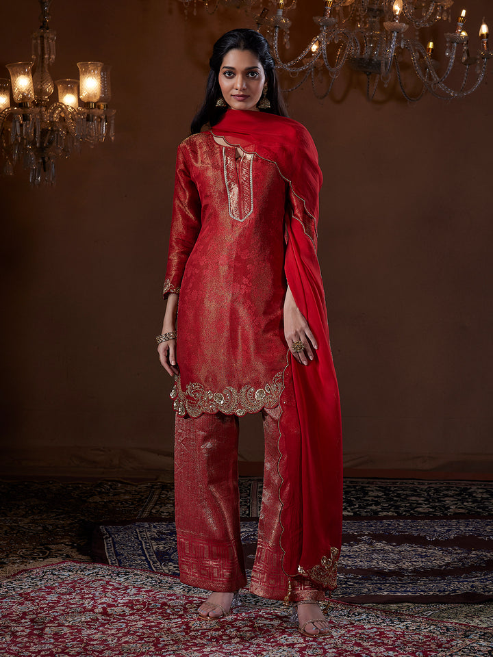 Crimson Zari Jacquard Festive Suit Set