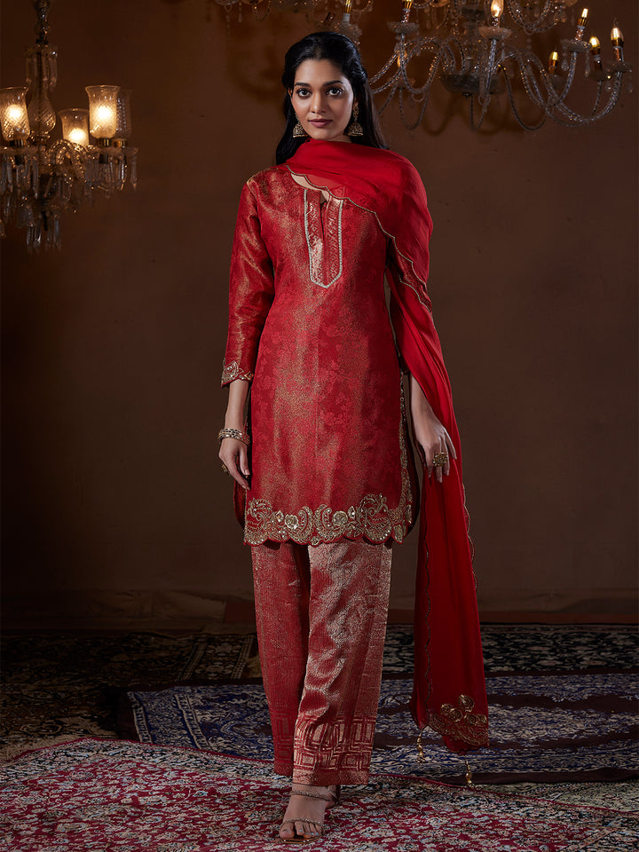 Crimson Zari Jacquard Festive Suit Set
