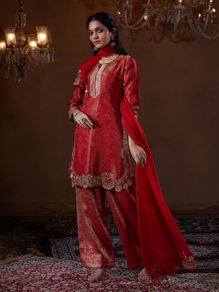 Crimson Zari Jacquard Festive Suit Set