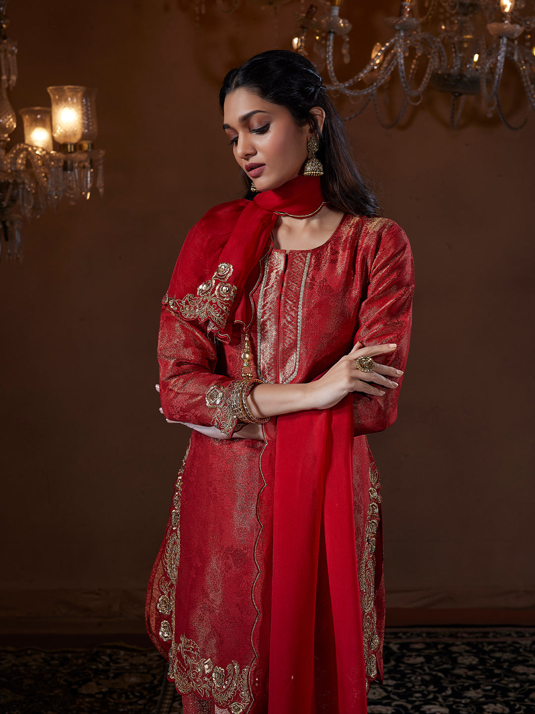 Crimson Zari Jacquard Festive Suit Set