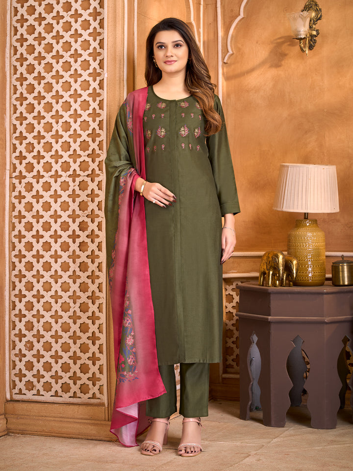 Olive Green Suit Set with Dupatta