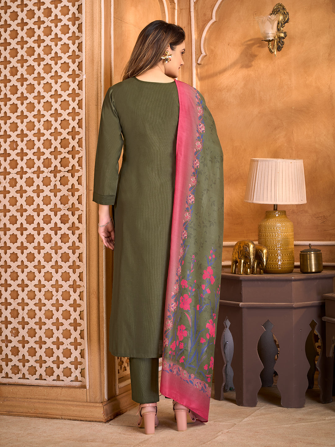 Olive Green Suit Set with Dupatta