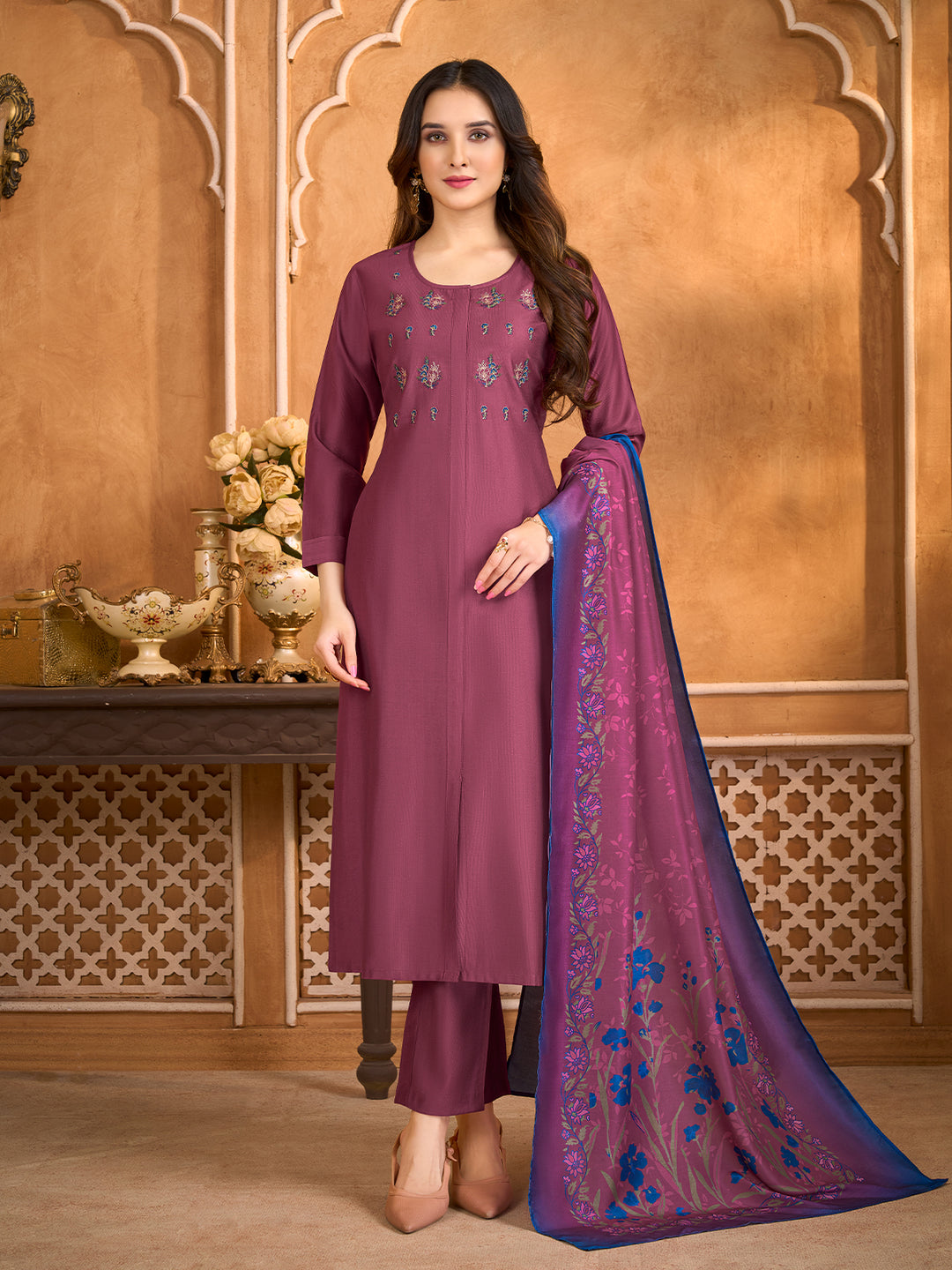 Wine Suit Set with Dupatta
