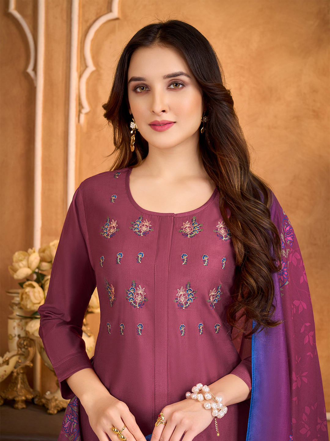 Wine Suit Set with Dupatta