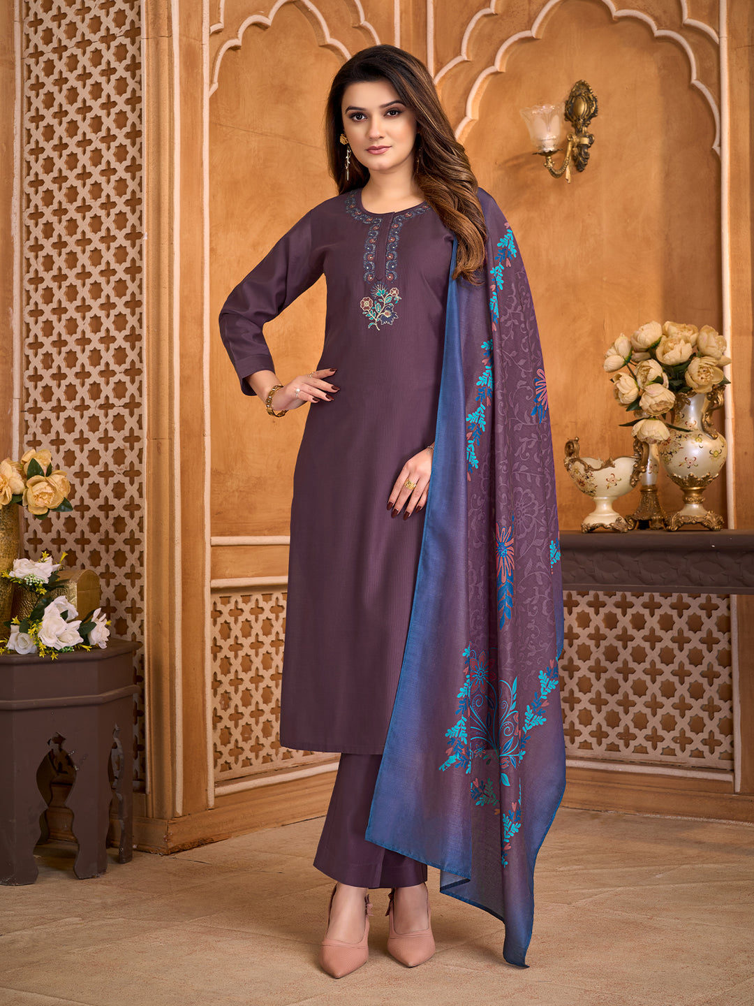 Plum Suit Set with Dupatta