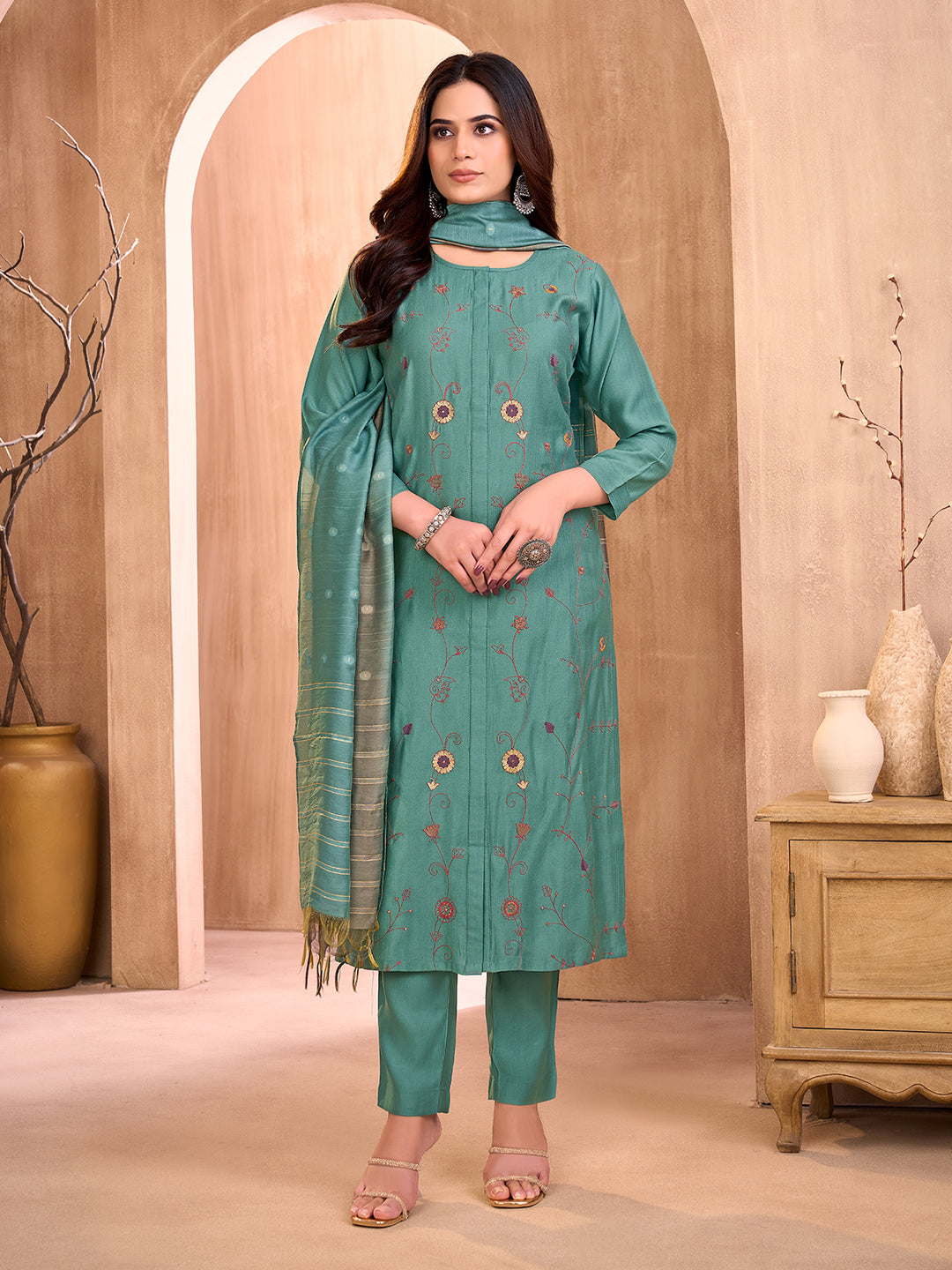 Sea Green Embroideredf Suit Set