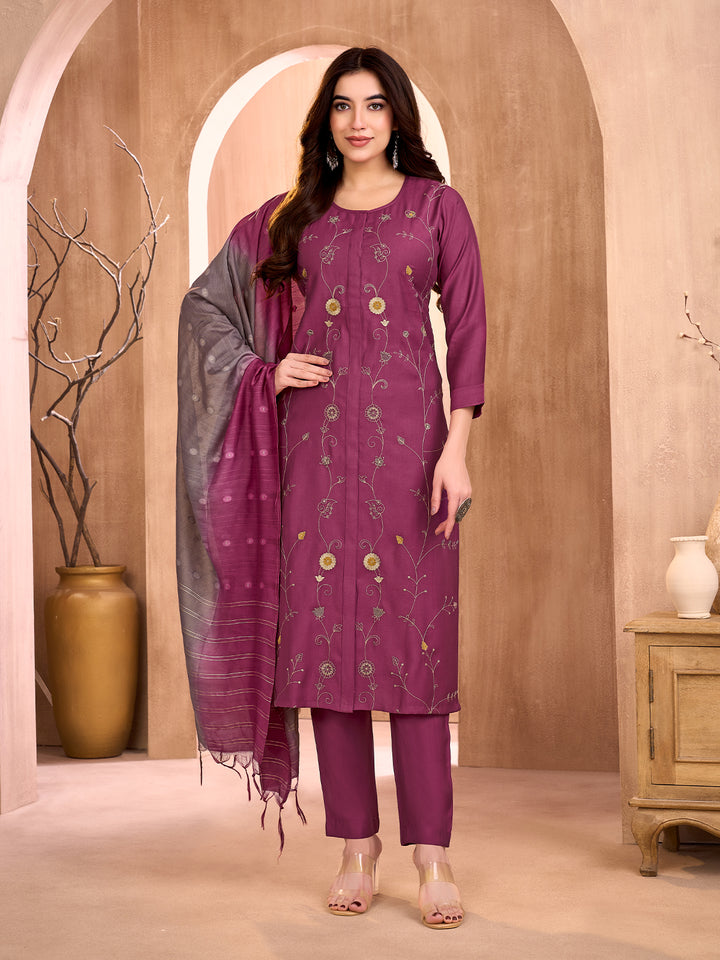 Plum Embroidered Suit Set