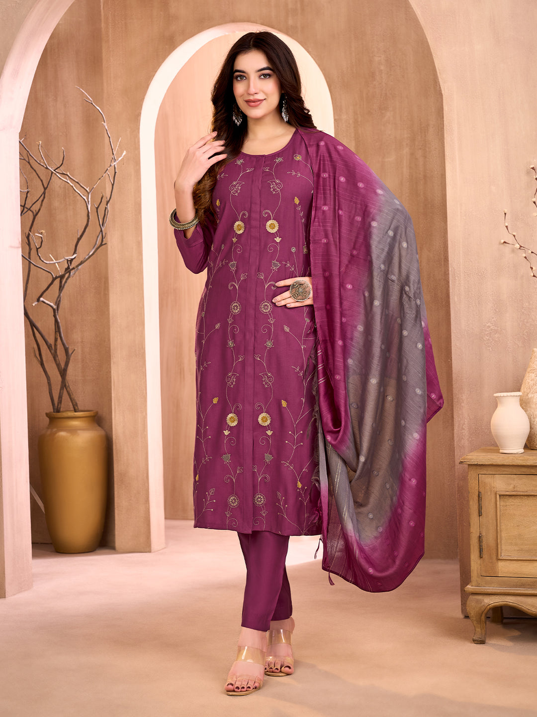Plum Embroidered Suit Set