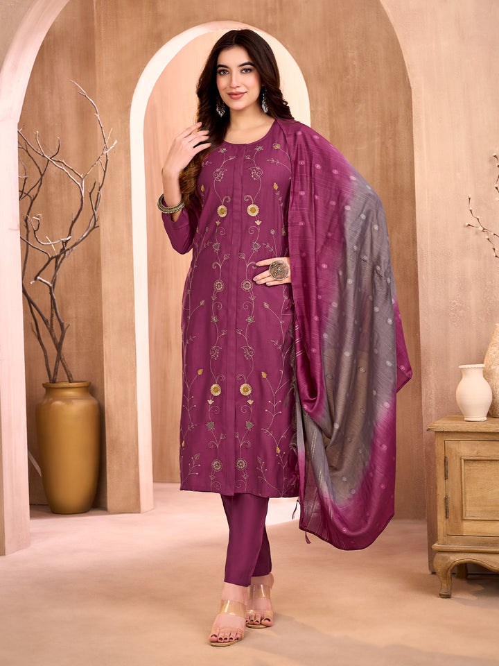 Plum Embroidered Suit Set