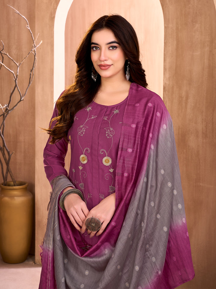 Plum Embroidered Suit Set